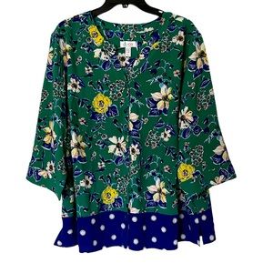 Green and blue floral and polka dot button down top